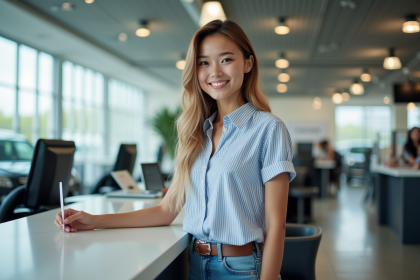 Jeune femme souriante à un comptoir de location de voiture