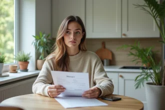 Jeune femme regardant des documents de location à la cuisine