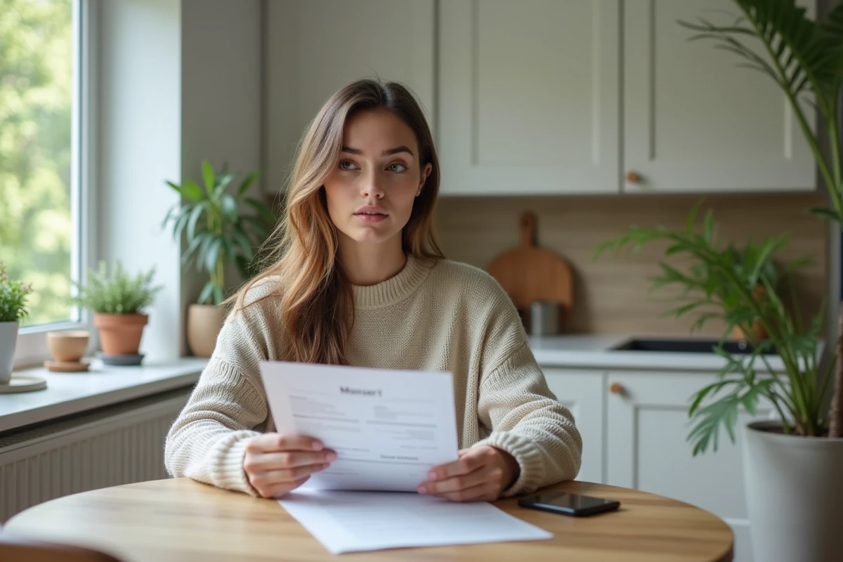 Jeune femme regardant des documents de location à la cuisine