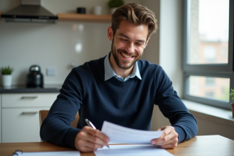 Jeune homme d affaires tenant un contrat de location dans une cuisine moderne