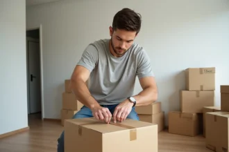 Jeune homme emballant un carton dans un appartement