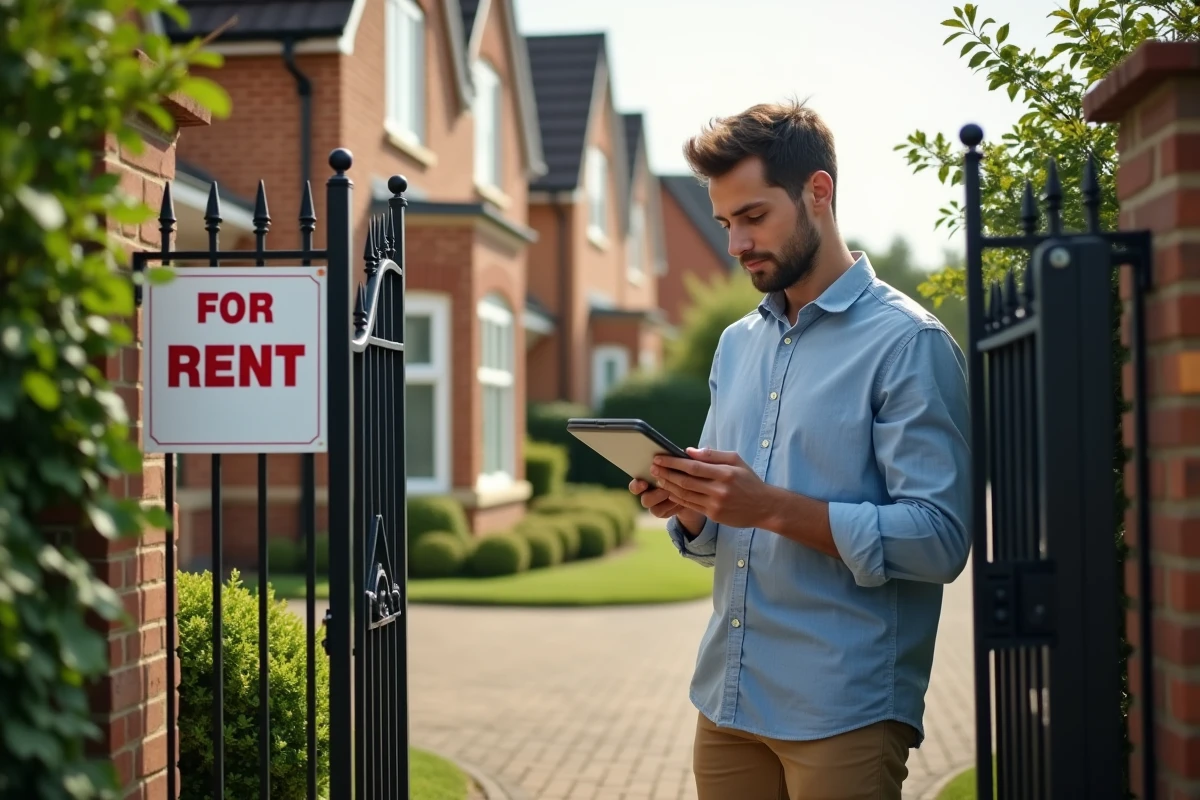 Jeune homme devant une maison &agrave; louer avec tablette