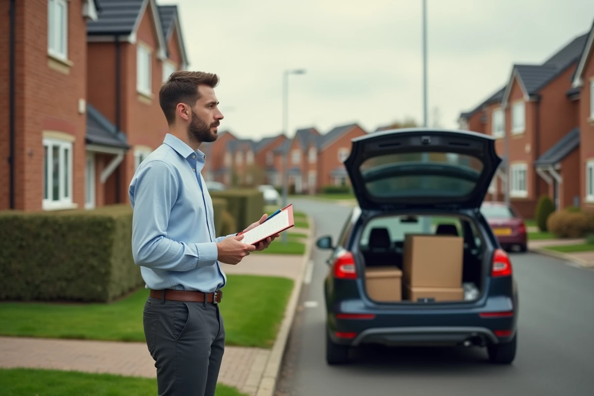 Jeune homme regardant une maison en vente