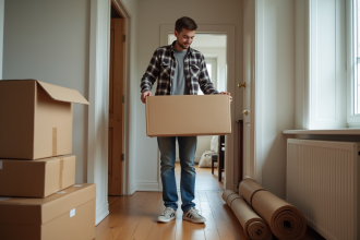 Jeune homme en train de fermer une boîte de déménagement