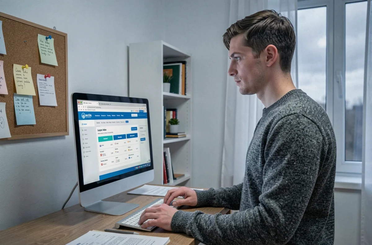 Jeune homme recherchant une assurance logement moins chère sur son ordinateur de bureau à domicile