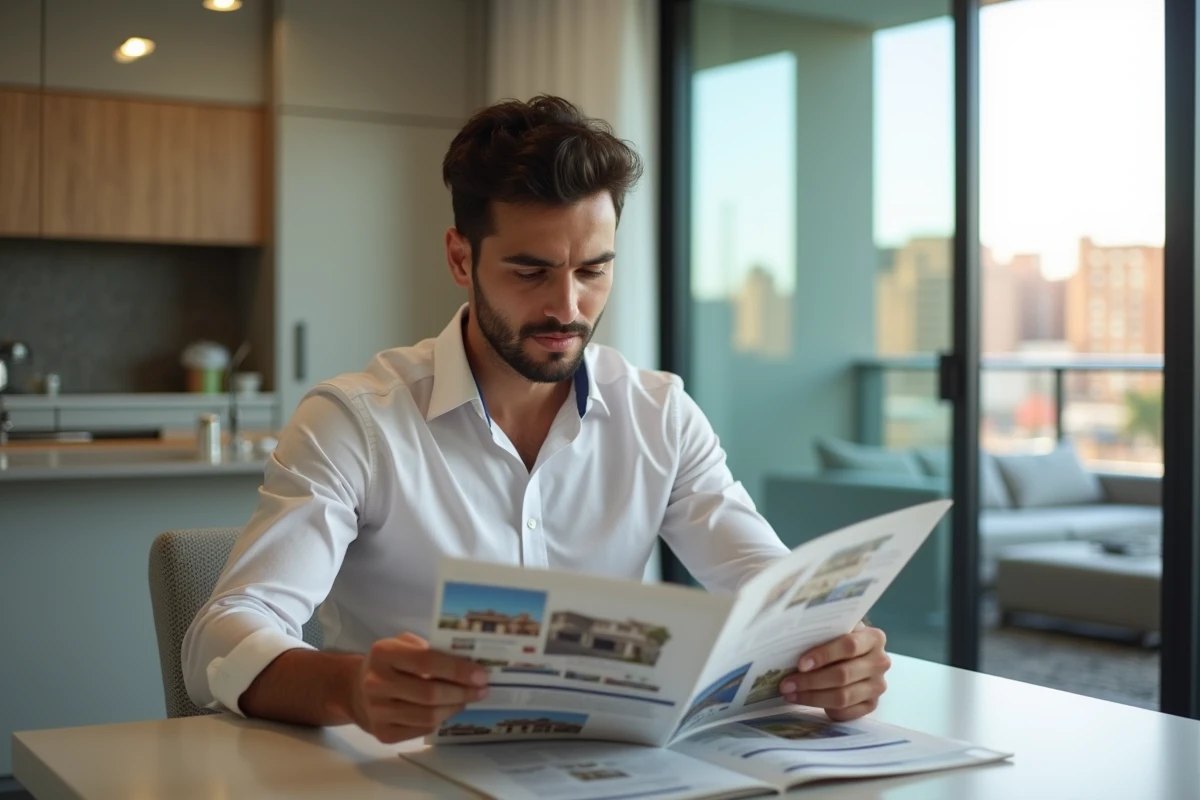 Jeune homme marocain examine brochures immobili&egrave;res &agrave; l