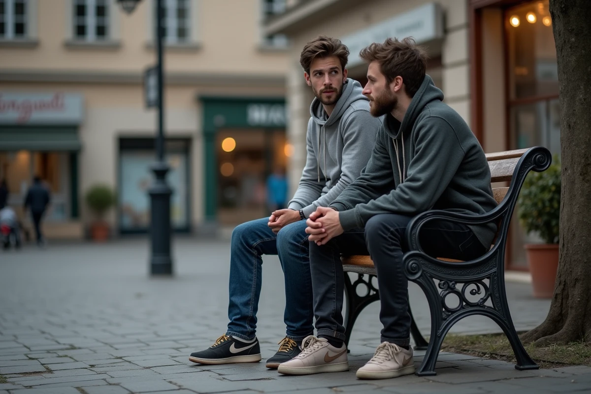 Deux jeunes hommes discutant sur un banc à Montluçon