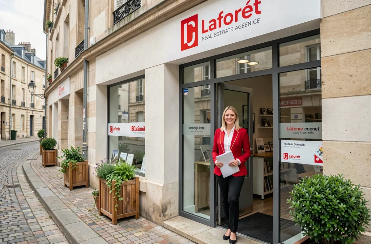 Agente Laforêt devant la façade de l'agence avec dossier immobilier dans une rue provençale