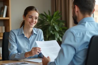 Jeune locataire présentant une aide au paiement de caution à un propriétaire dans un bureau professionnel