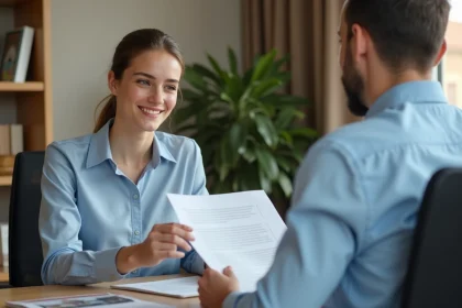 Jeune locataire présentant une aide au paiement de caution à un propriétaire dans un bureau professionnel