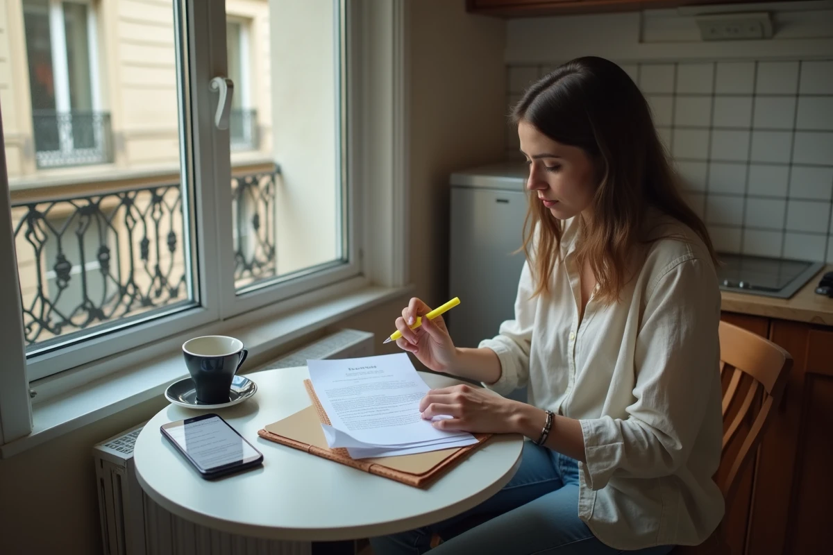 Locataire lisant attentivement un contrat de bail d'habitation à la table de sa cuisine dans un appartement parisien