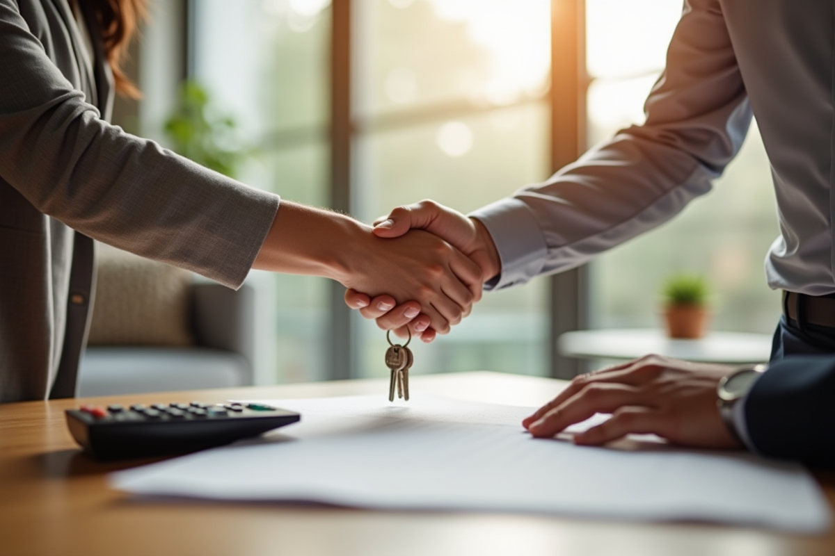 Propriétaire et locataire se serrant la main avec contrat