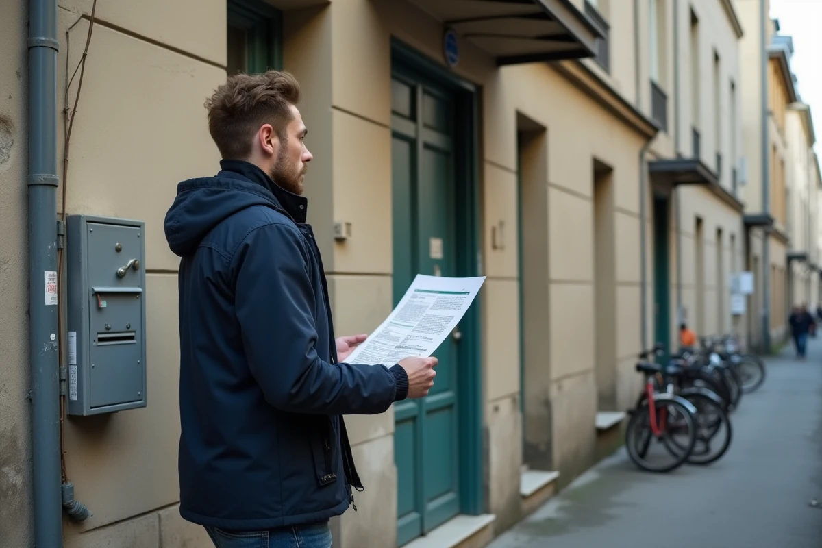 Jeune étudiant évaluant un immeuble locatif dans un quartier de La Roche-sur-Yon avant de signer un bail
