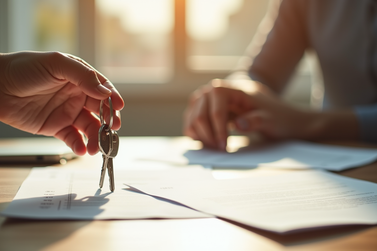 Mains passant des clés et un contrat sur une table en lumière naturelle