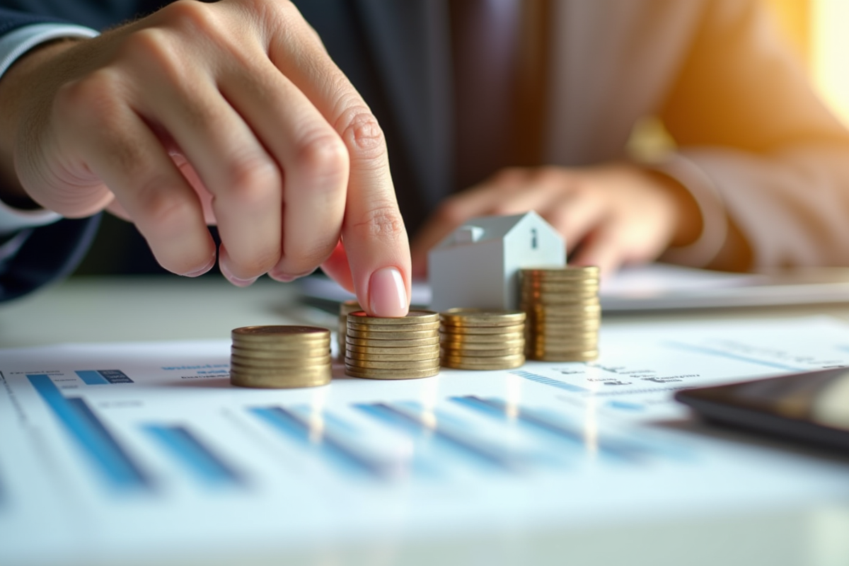 Mains plaçant des pièces et des bâtiments miniatures sur des papiers financiers