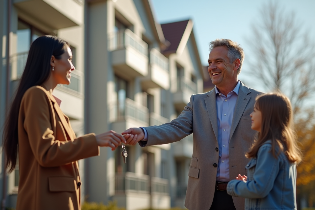 Le maire souriant remet les clés à une famille devant un logement social