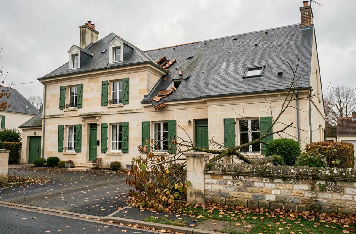 Maison individuelle française avec des tuiles endommagées après une tempête, illustrant les garanties de l'assurance habitation