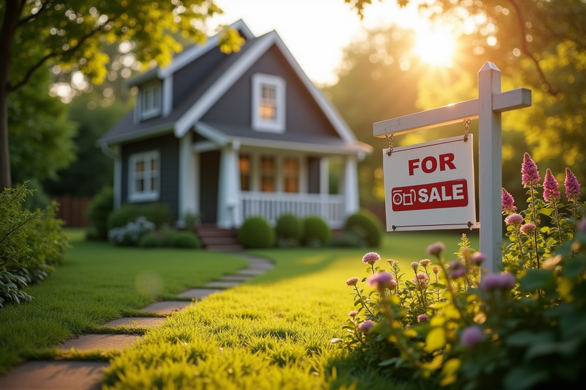 Petite maison avec jardin et panneau vente immobilier