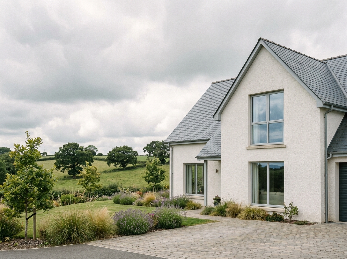 Maison neuve en Bretagne avec toiture ardoise et jardin paysager, illustration des avantages de l'immobilier neuf en région bretonne