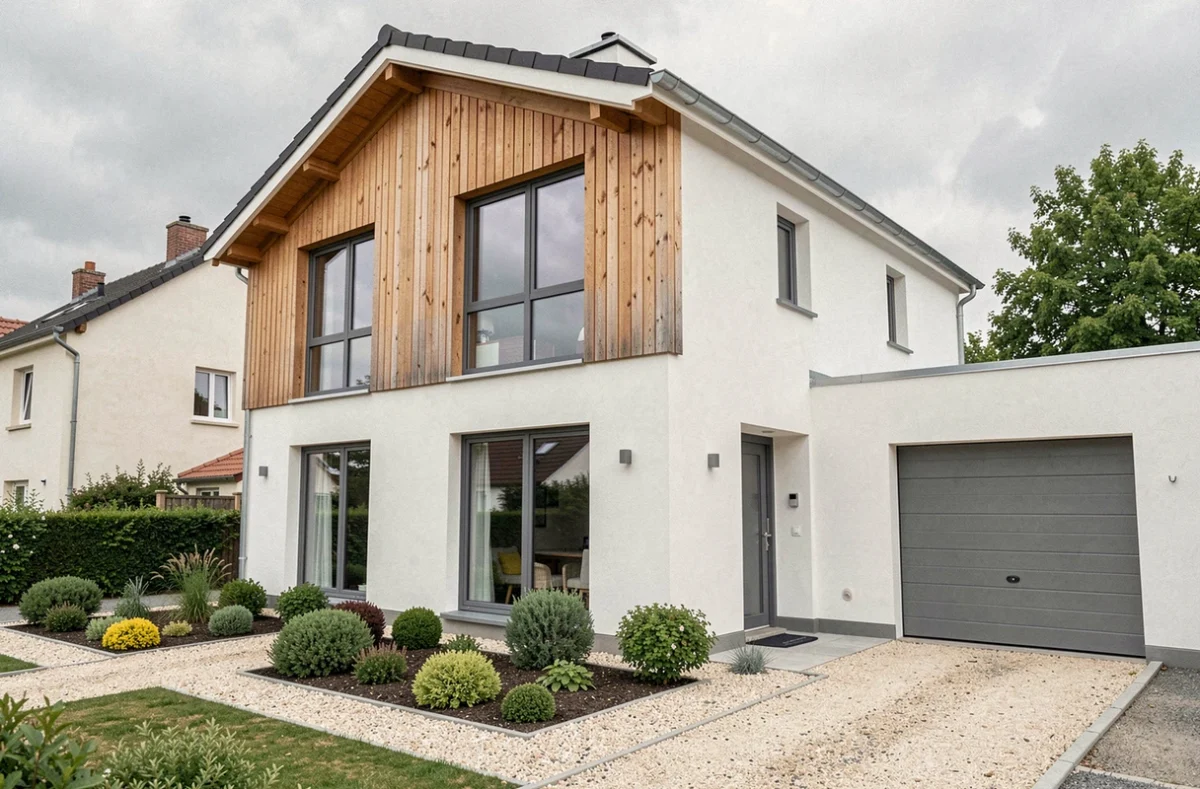 Façade d'une maison ossature bois clé en main avec bardage bois et grande fenêtre en milieu résidentiel