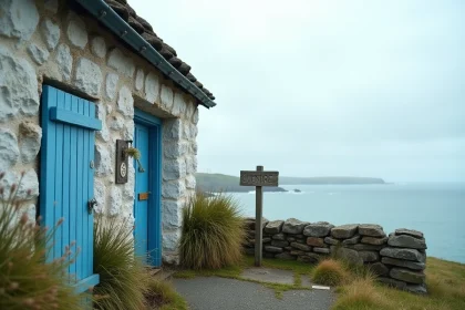 Maison de pêcheur en pierre bretonne à vendre avec vue mer et panneau à vendre sur la côte atlantique
