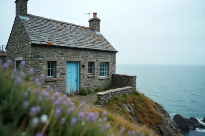Maison en pierre de granit bretonne en bord de mer avec volets bleus et vue sur l'Atlantique depuis le sentier côtier