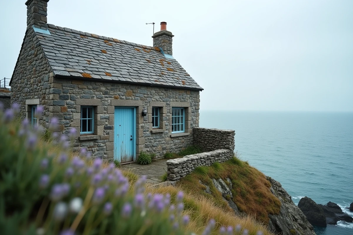 Maison en pierre de granit bretonne en bord de mer avec volets bleus et vue sur l'Atlantique depuis le sentier côtier