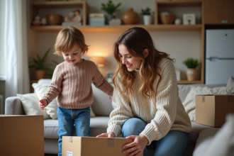 Jeune maman déballant des cartons avec son enfant dans un appartement