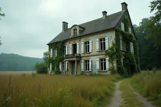 Manoir abandonné isolé en milieu rural avec façade en pierre envahie par le lierre et champs en friche à l'horizon