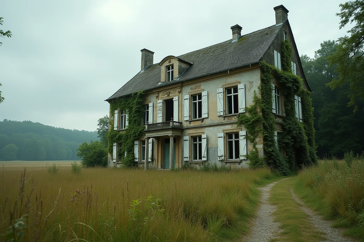 Manoir abandonné isolé en milieu rural avec façade en pierre envahie par le lierre et champs en friche à l'horizon