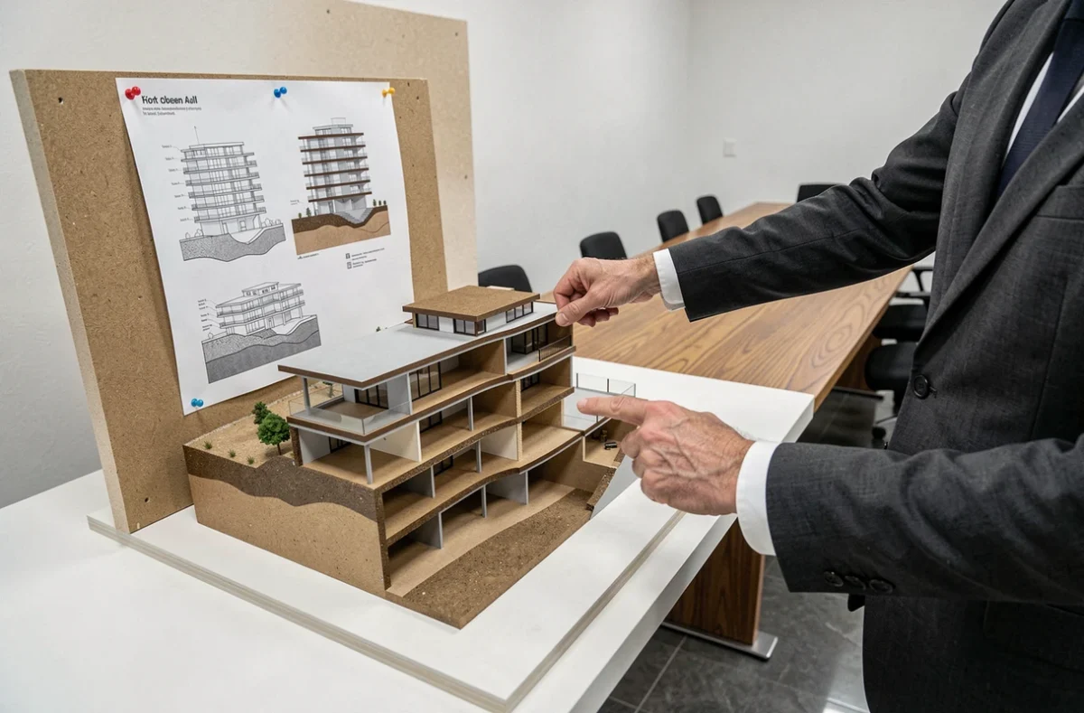 Maquette architecturale en coupe d'un projet de construction réussi présentée en salle de réunion avec plans de terrain détaillés