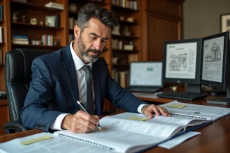 Marchand de biens consultant ses dossiers TVA dans un bureau professionnel