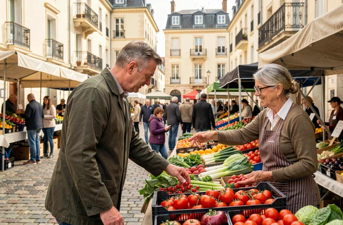 Marché de plein air animé dans un quartier de Nogent-sur-Marne, habitant choisissant des légumes frais auprès d'une maraîchère locale