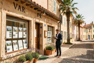 Agence immobilière dans le Var avec façade méditerranéenne et agent consultant une tablette