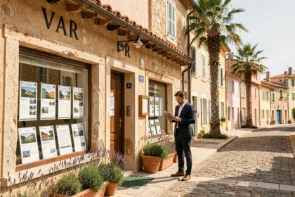 Agence immobilière dans le Var avec façade méditerranéenne et agent consultant une tablette