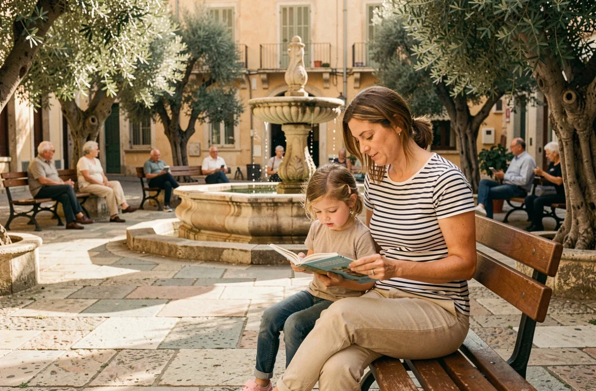 Mère et fille lisant dans une place de quartier à Marseille entourée d'une fontaine provençale et d'oliviers