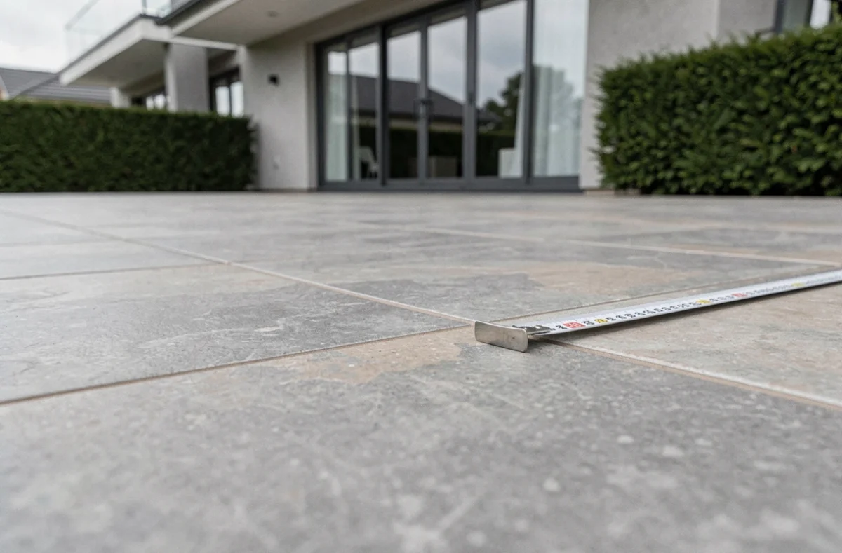 Détail d'une terrasse carrelée moderne avec mètre ruban pour évaluation de surface en vue de la taxe foncière