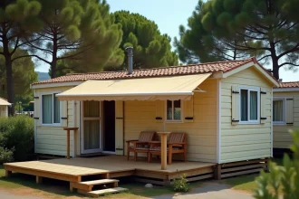 Mobil home ancien de plus de 20 ans sur un terrain de camping en France, avec facade vieillie et terrasse en bois usée