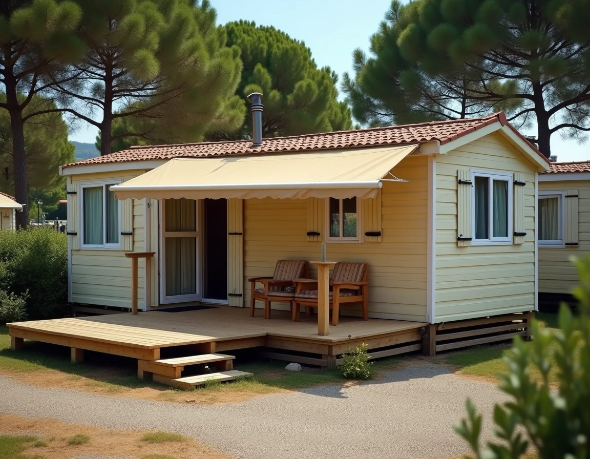 Mobil home ancien de plus de 20 ans sur un terrain de camping en France, avec facade vieillie et terrasse en bois usée