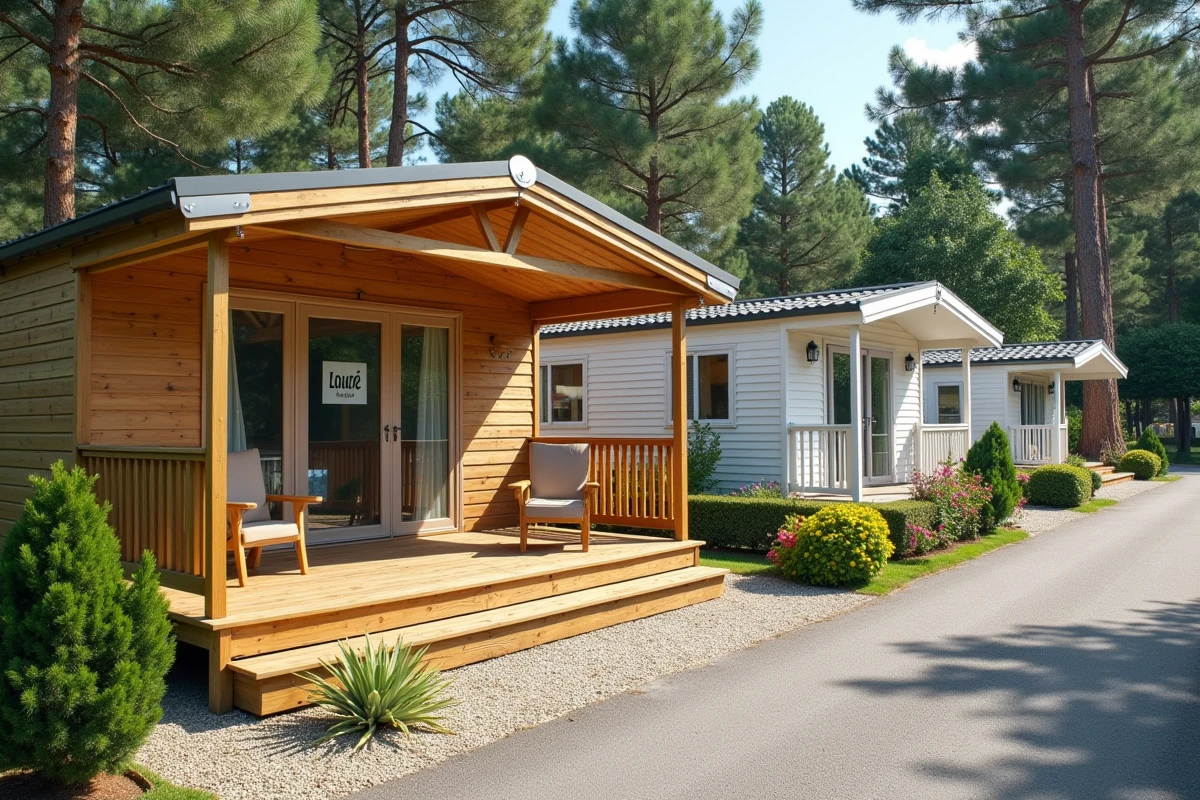 Mobil-home loué dans un parc résidentiel de loisirs avec panneau de location et terrasse aménagée
