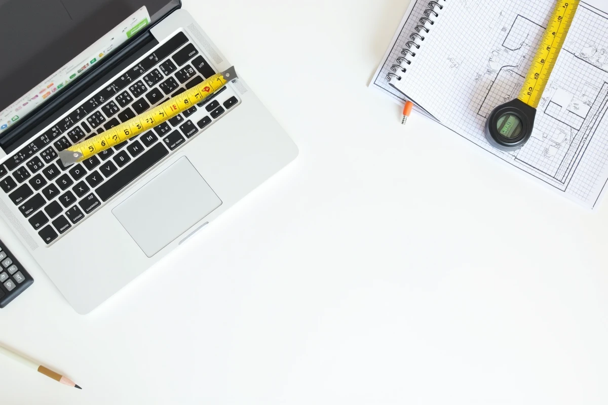 Vue aérienne d'un bureau avec un modèle Excel de calcul en mètres carrés, un mètre ruban et des plans dessinés à la main