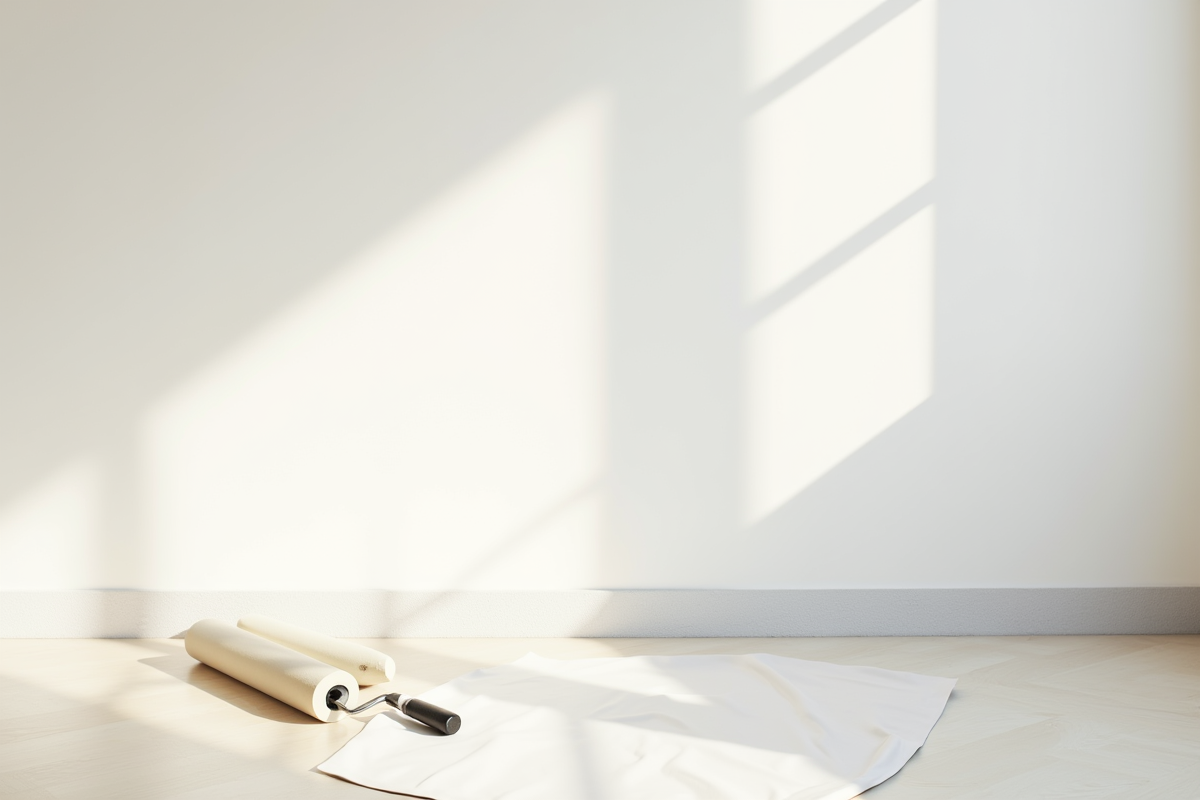 Mur blanc fraîchement peint avec ruban de masquage et rouleaux de peinture