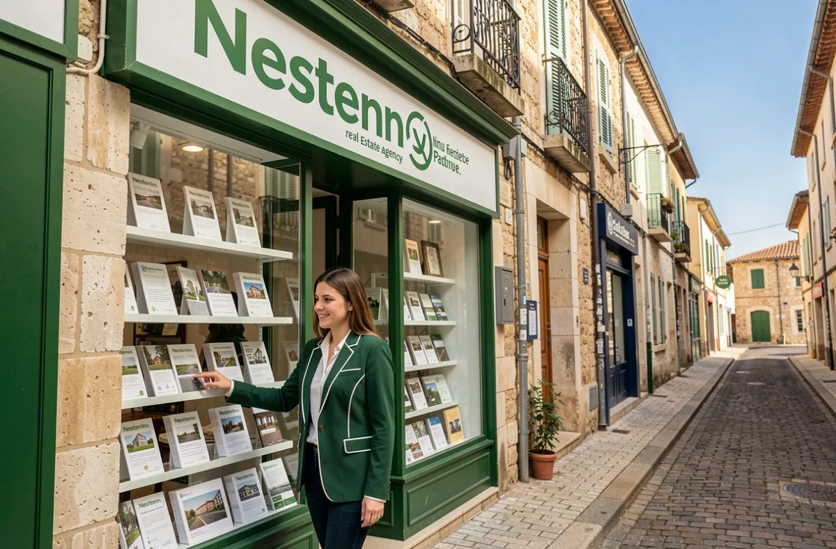 Agente Nestenn arrangeant des annonces immobilières dans la vitrine d'une agence provençale