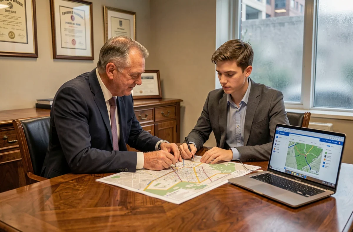Notaire et client examinant ensemble un plan de servitudes et contraintes d'urbanisme avant la signature d'un acte immobilier