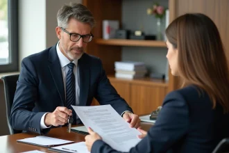 Notaire en costume remet des clés à une cliente dans un bureau moderne