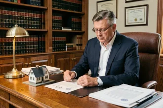 Notaire examinant des documents de démembrement de propriété dans un bureau juridique professionnel
