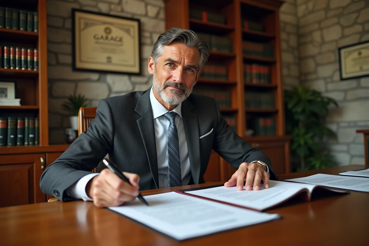 Notaire en costume examinant des documents de vente de garage sur un bureau en chêne dans un cabinet juridique