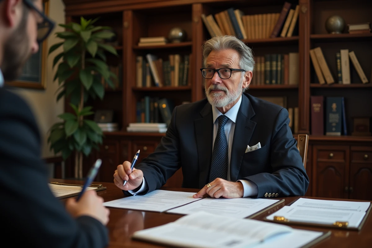 Notaire remettant un stylo lors de la signature d'un acte de vente immobilier incluant des garanties d'assurance