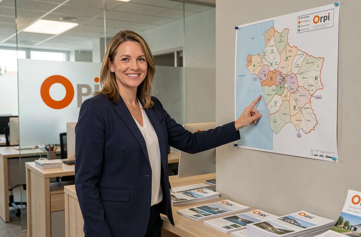 Agente immobilière Orpi AML Immobilier devant une carte du Var dans une agence moderne