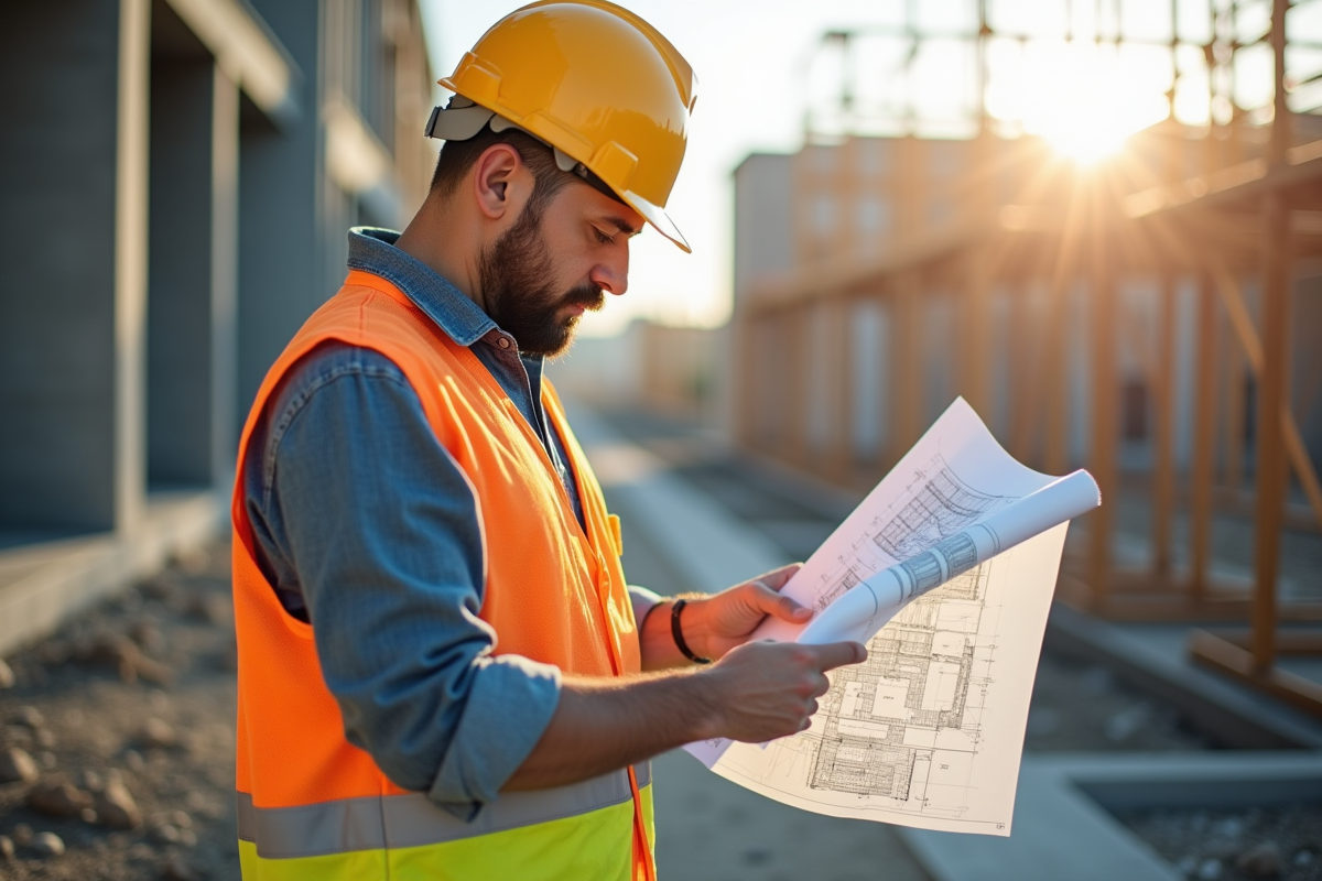 Ouvrier en sécurité examinant des plans architecturaux sur un chantier